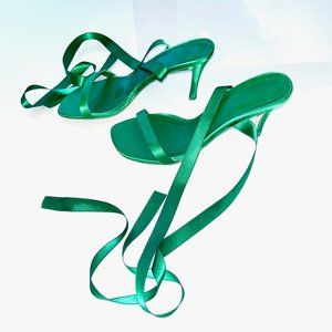 VINTAGE Zara Green Wrap Sandals Lace Up Satin Ribbon Balletcore Feminine
